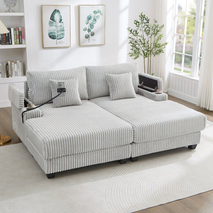 Chaise Sofa With Adjustable Backrest, Cup Holders, Phone Holder & Storage Compartments For Living Room - Light Gray
