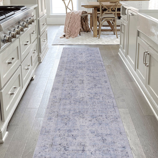 Maval - 2'6'' X 10' Washable Runner Rug - Blue / Cream