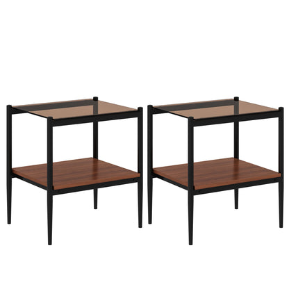 Modern Rectangle End Table (Set of 2) With Tempered Glass Tabletop And Layer - Brown