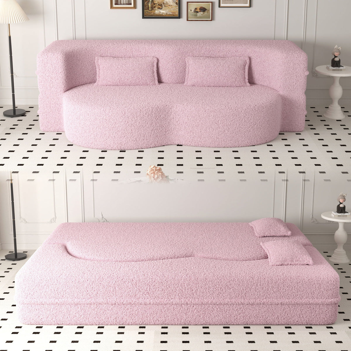 Modern Floor Sofa, With 2 Pillows, Convertible Teddy Fabric Foam Filled Bed