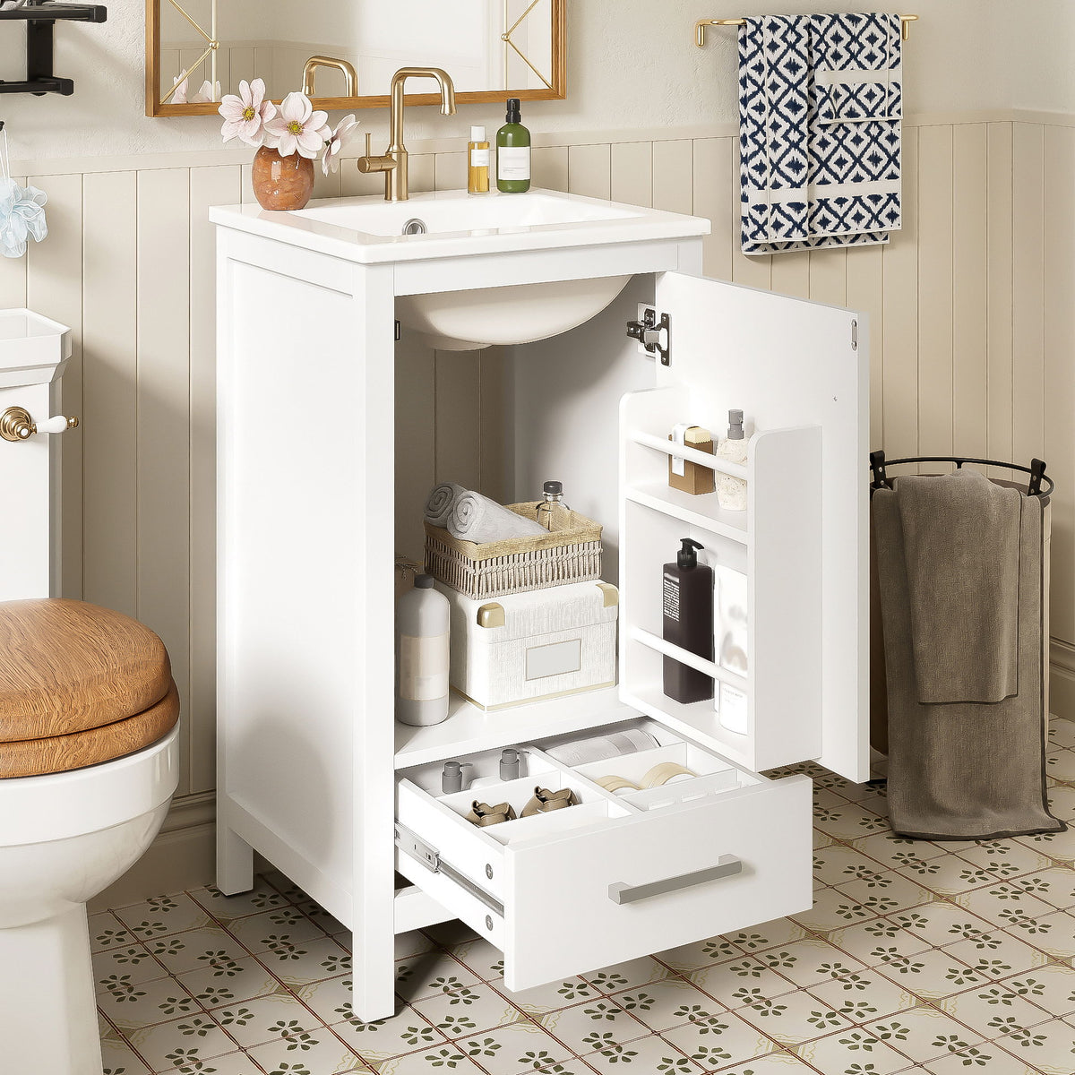 Bathroom Vanity With Ceramic Sink, Soft Close Drawers, Door Organizer, Divider Drawer, Adjustable Foot Pads