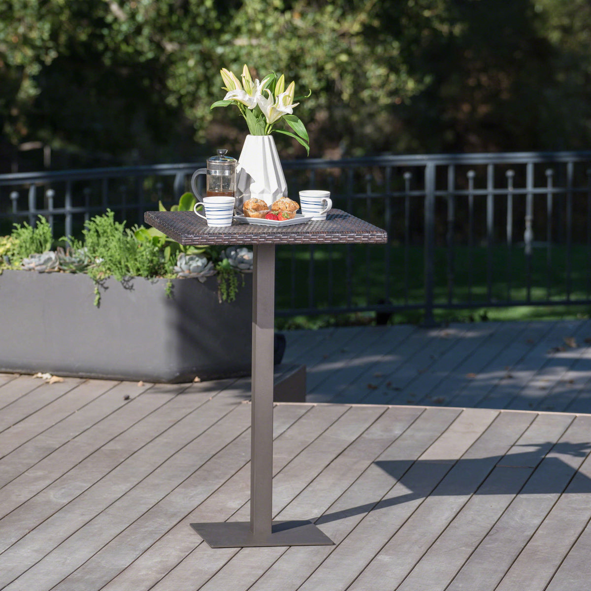 Outdoor Square Rattan Bar Table With Iron Frame - Multi Brown
