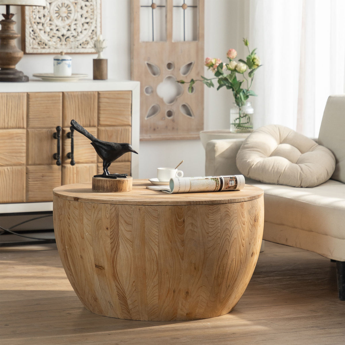 Vintage Style Barrel Coffee Table With Storage