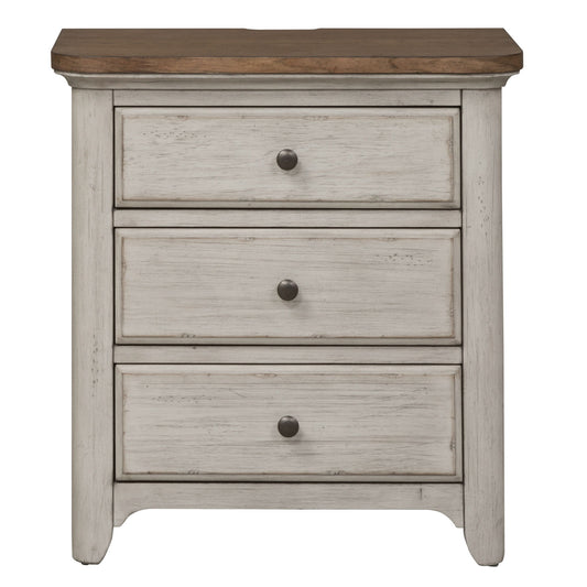 Farmhouse Reimagined - 3 Drawer Nightstand With Charging Station - Antique White / Chestnut Tops