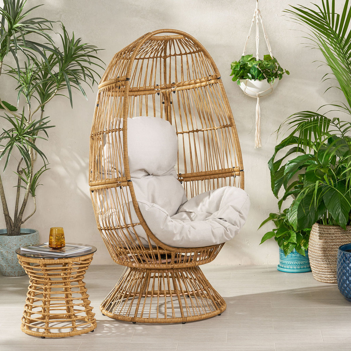 Patio Swivel Basket Egg Chair With Cushion