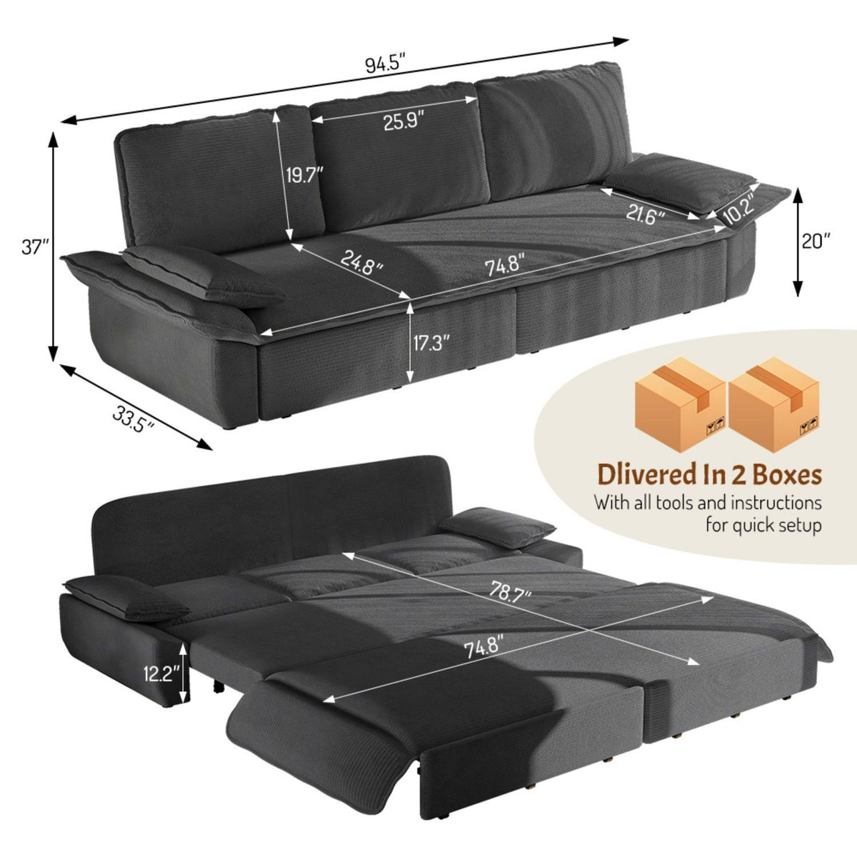 King Size Pull Out Sofa Bed, 3 In 1 Convertible Multifunctional