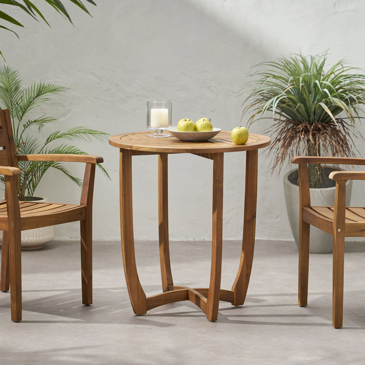 Outdoor Circular Wood Bistro Table With Curved Legs And Slat Panel Table Top - Teak