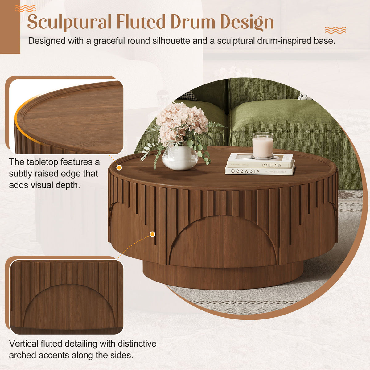 Round Fluted Drum Coffee Table With Sturdy Base For Living Room