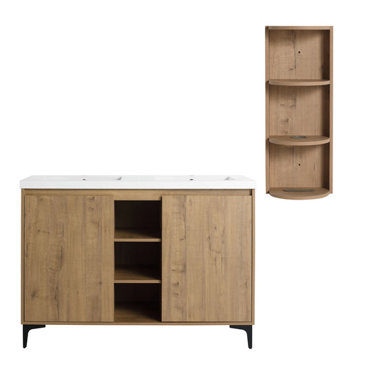 Elegant 48" Freestanding Bathroom Vanity With Double Resin Sink And Storage Rack Soft Close Doors - Imitative Oak