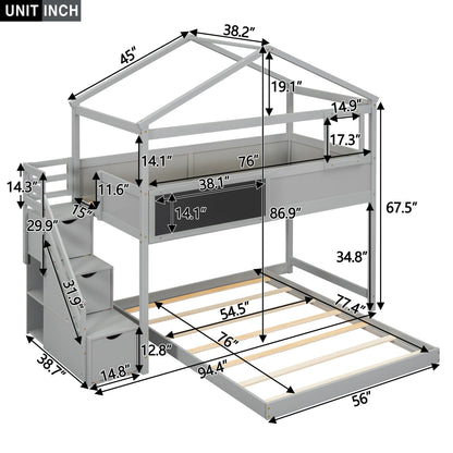 House Style Bunk Bed With Storage Staircase And board