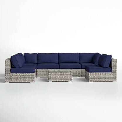 6 Person Patio Set With Premium Cushions And Rattan Wicker Frame - Dark Blue / Gray Mix
