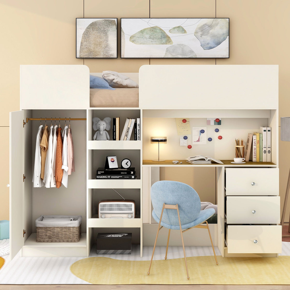 Loft Bed With Built In Wardrobe, Desk, Shelves, And Drawers