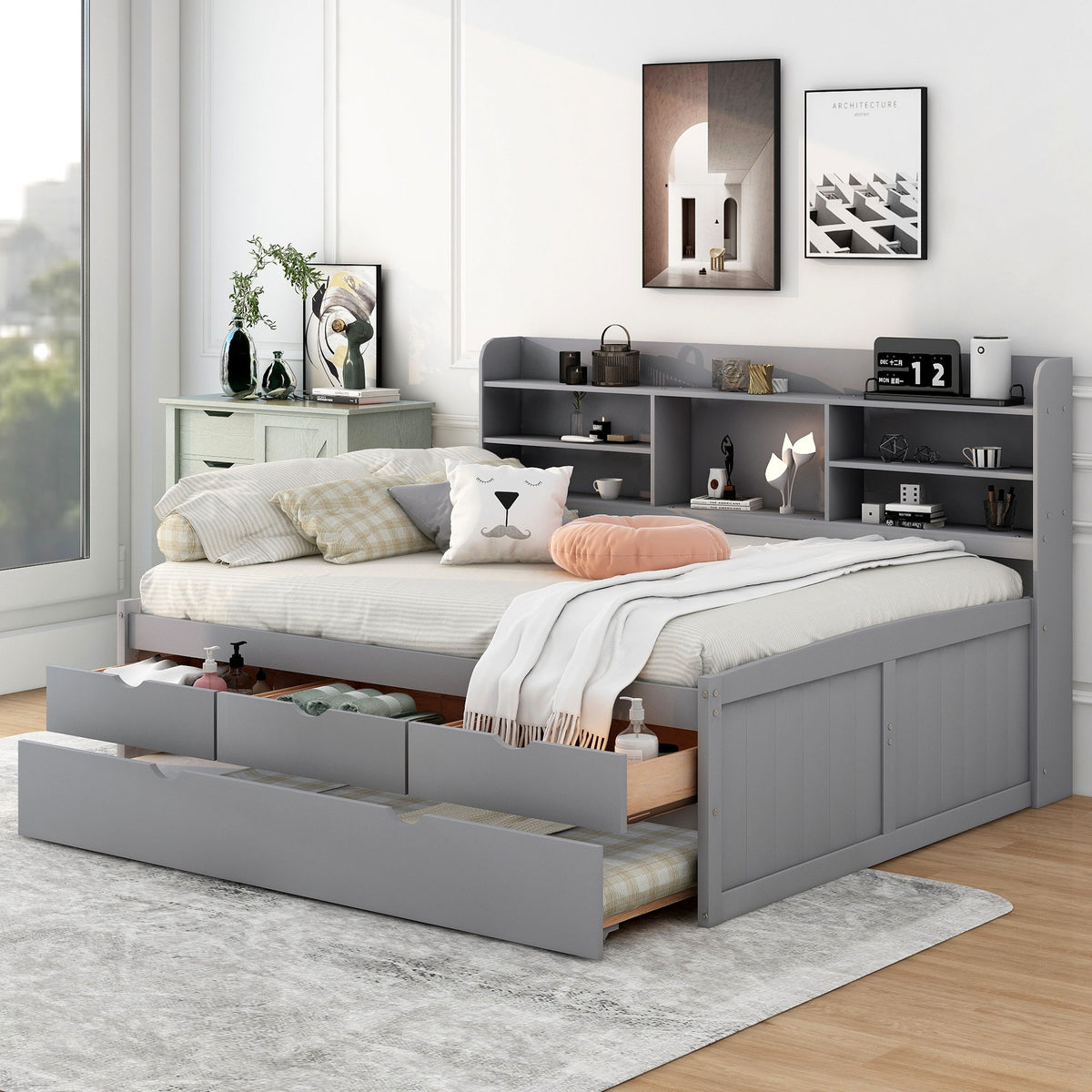 Captain Bed With Built In Bookshelves, 3 Storage Drawers, And Trundle