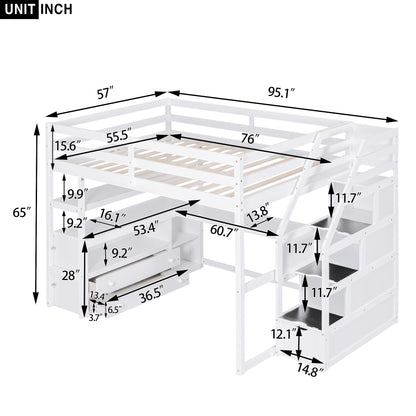 Loft Bed With Desk, Shelves, 2 Drawers, Storage Staircase