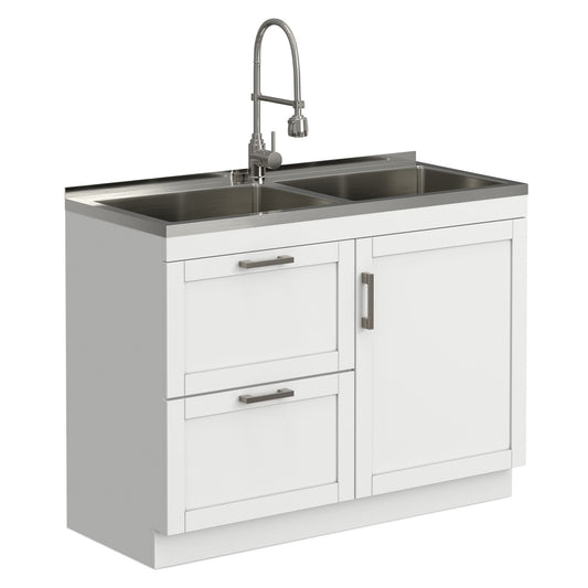 Hennessy - Laundry Utility Sink And Cabinet With Dual Sink And Pull Out Faucet - White