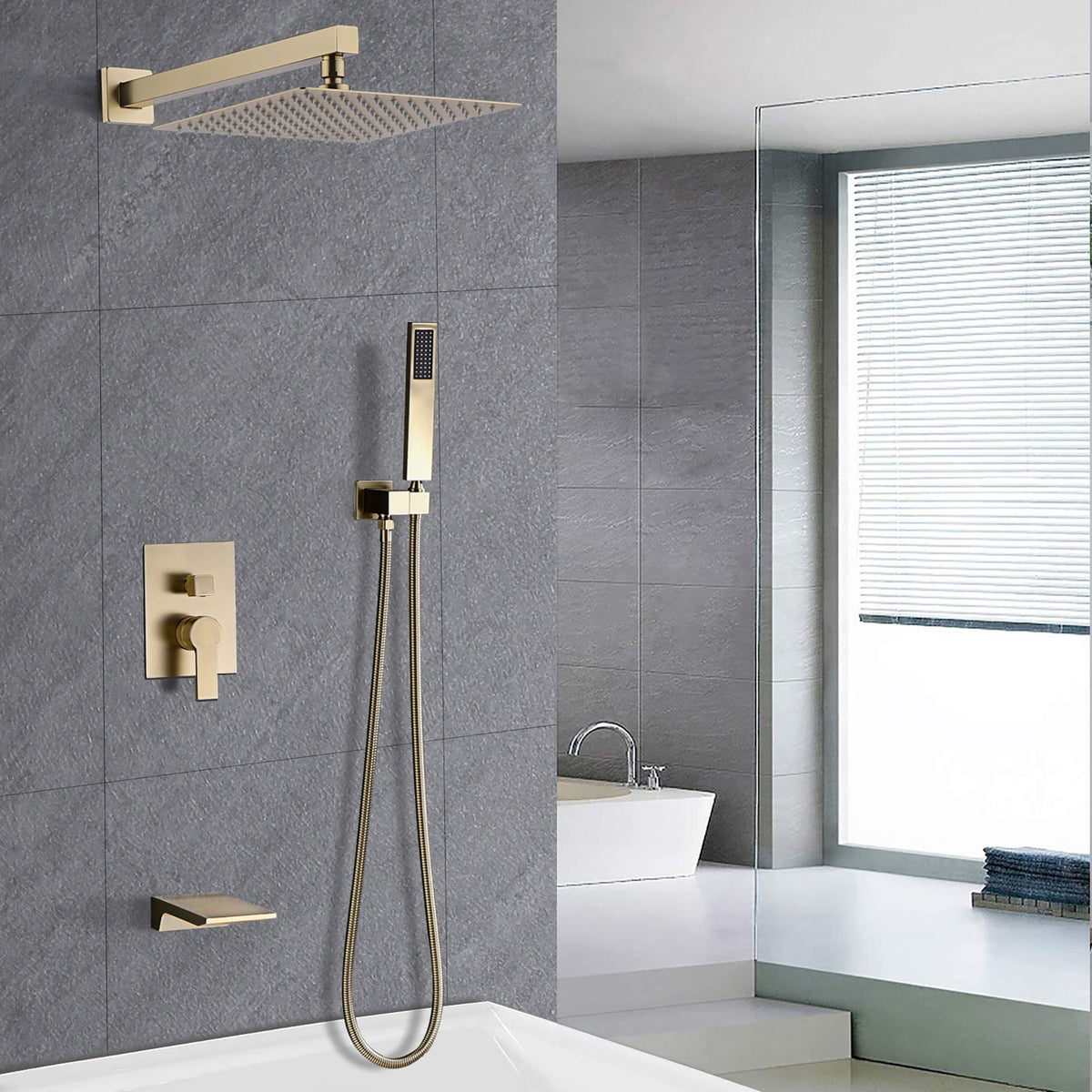 Tub Shower Faucet Set With 12" Rain Shower Head And Handheld Spray Combo
