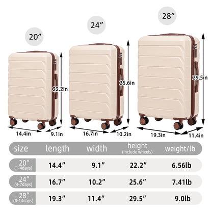 3 Pieces Set 20" / 24" / 28" Spinner Wheel Luggage With Combination Lock