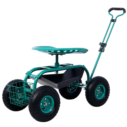 Rolling Garden Scooter Cart Seat With Wheels, 360 Swivel Seat, Tool Tray