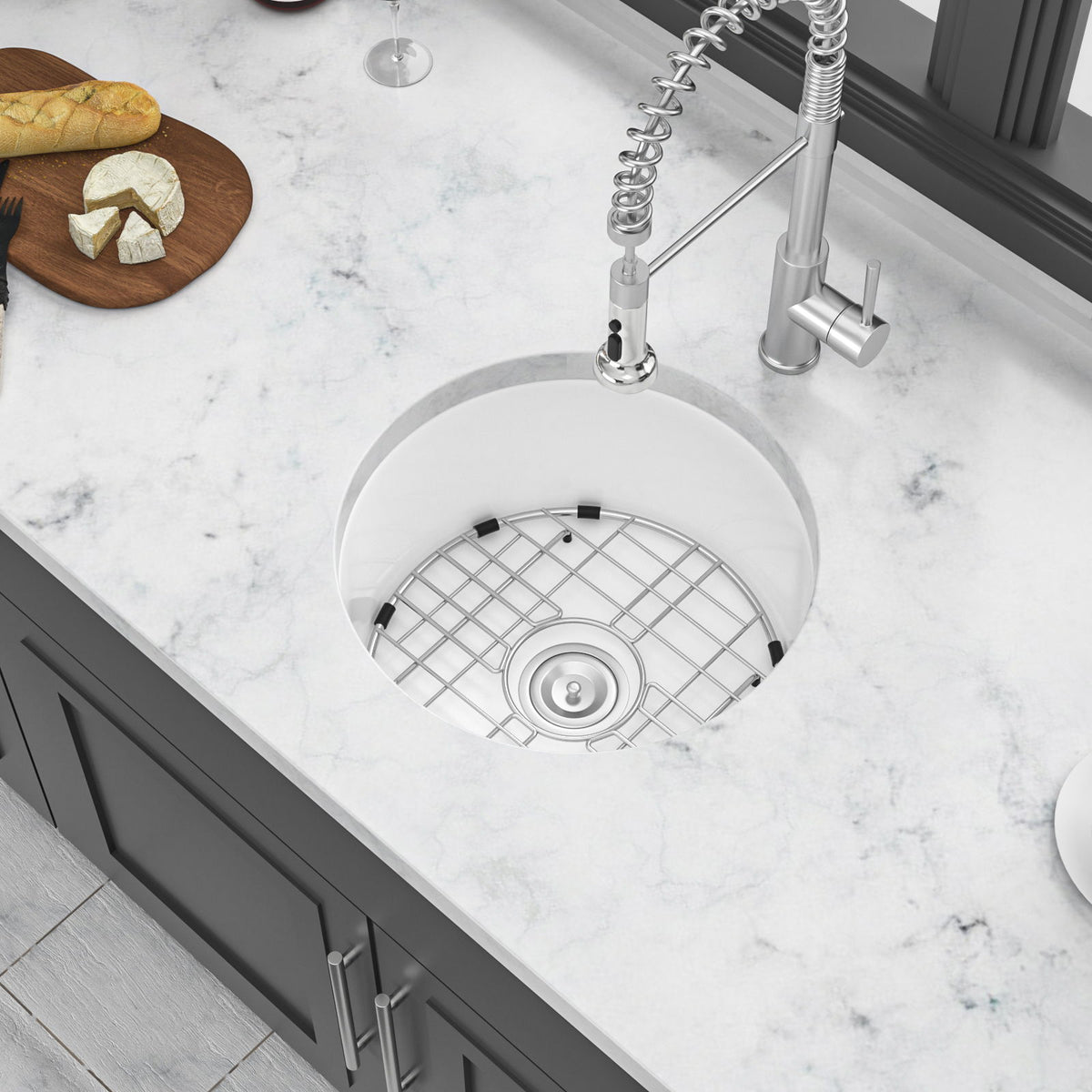 Ceramic Circular Kitchen Sink With Drain Assembly And Bottom Grid, 18" Dual Mount - White