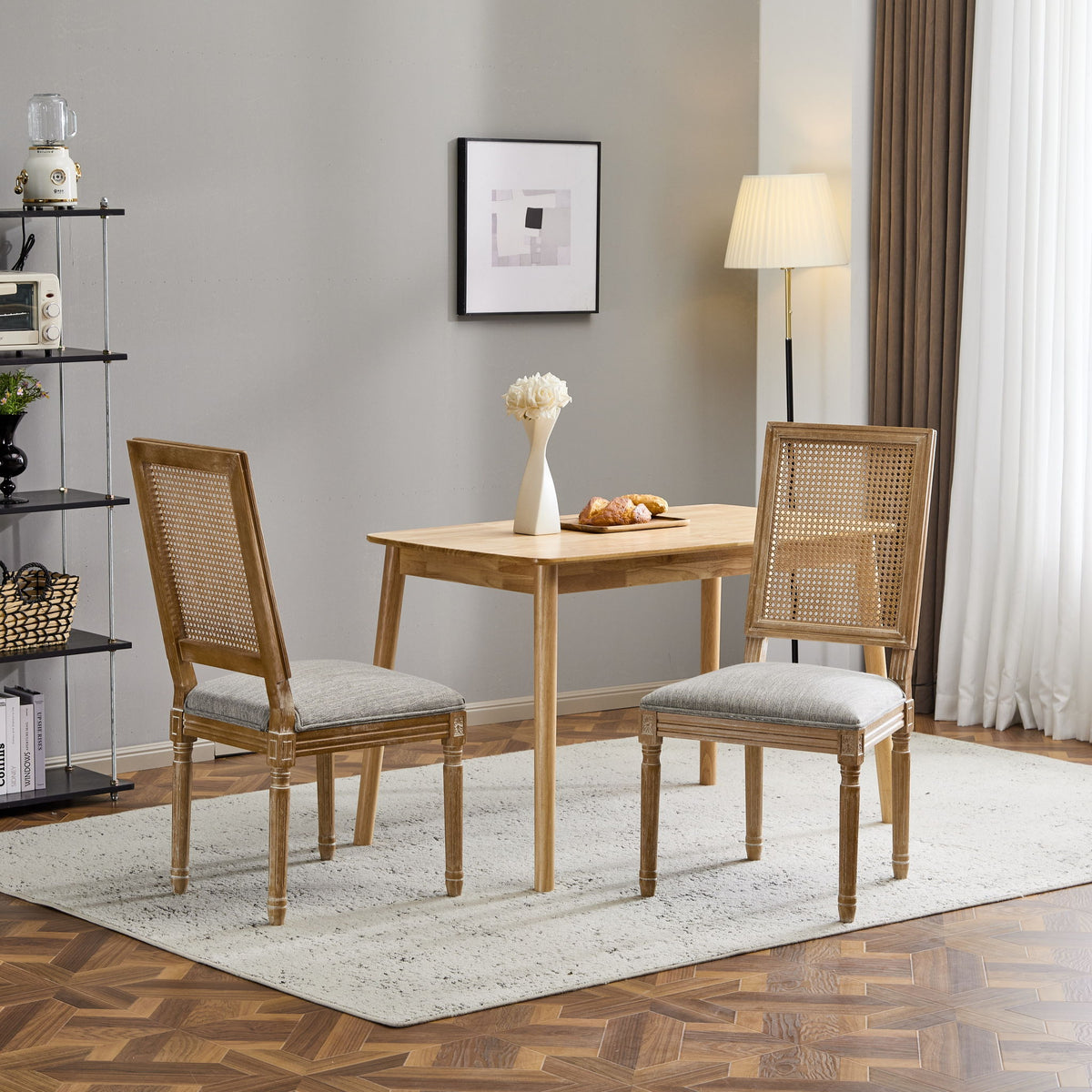 French Country Dining Chair With Rectangular Cane Backrest And Smooth Upholstered Seating
