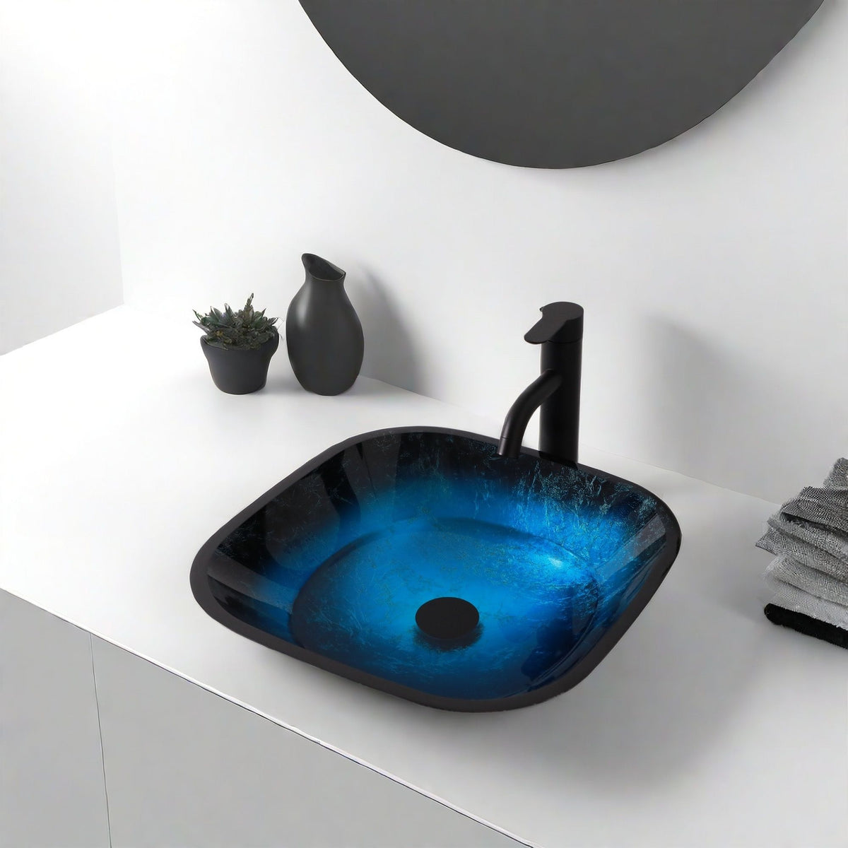 Artistic Vessel Sink With Faucet And Pop Up Drain - Blue