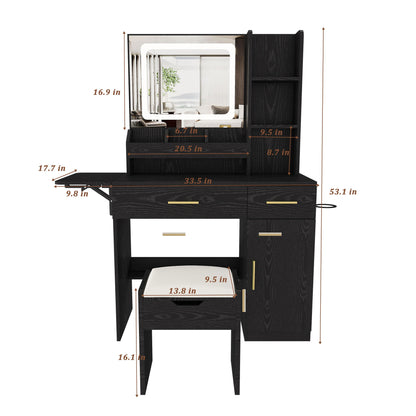 Vanity Desk With LED Mirror Lights And Charging Outlet