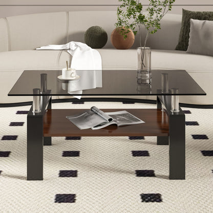 Modern Rectangular Coffee Table With Tempered Transparent Glass Top And Storage Shelf