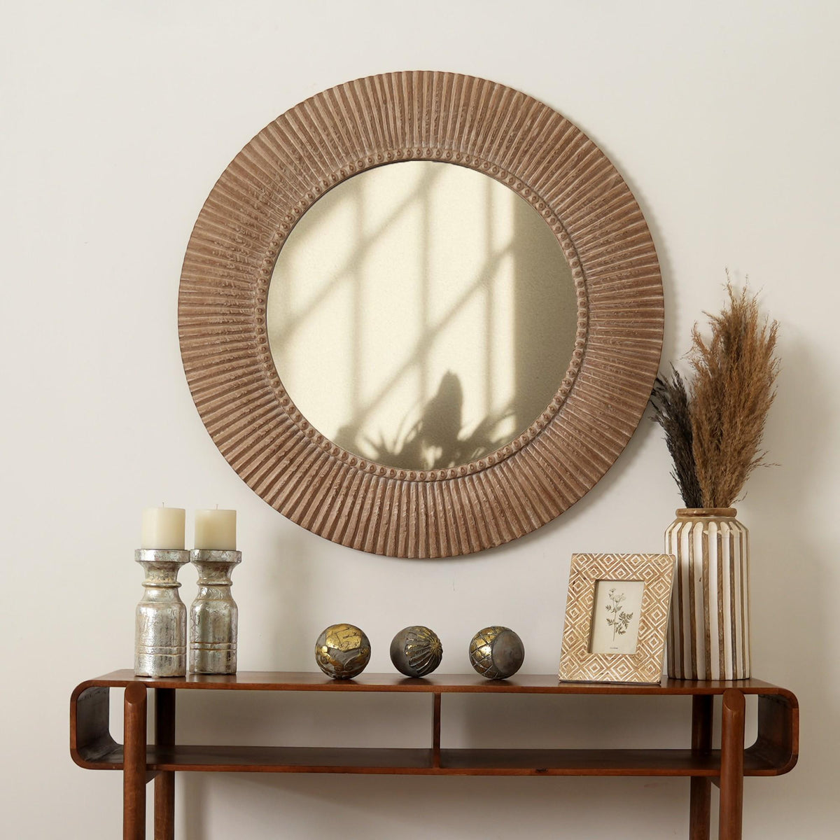 Handcarved Decorative Hanging Wall Mirror - Antique Brown / White