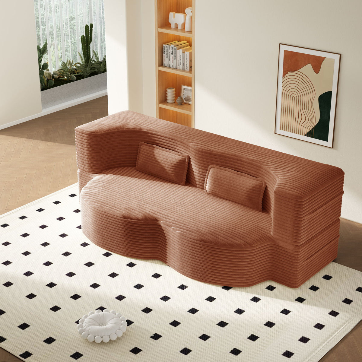 Modern Floor Sofa With 2 Pillows, Convertible Twin Size Folding Mattress For Living Room