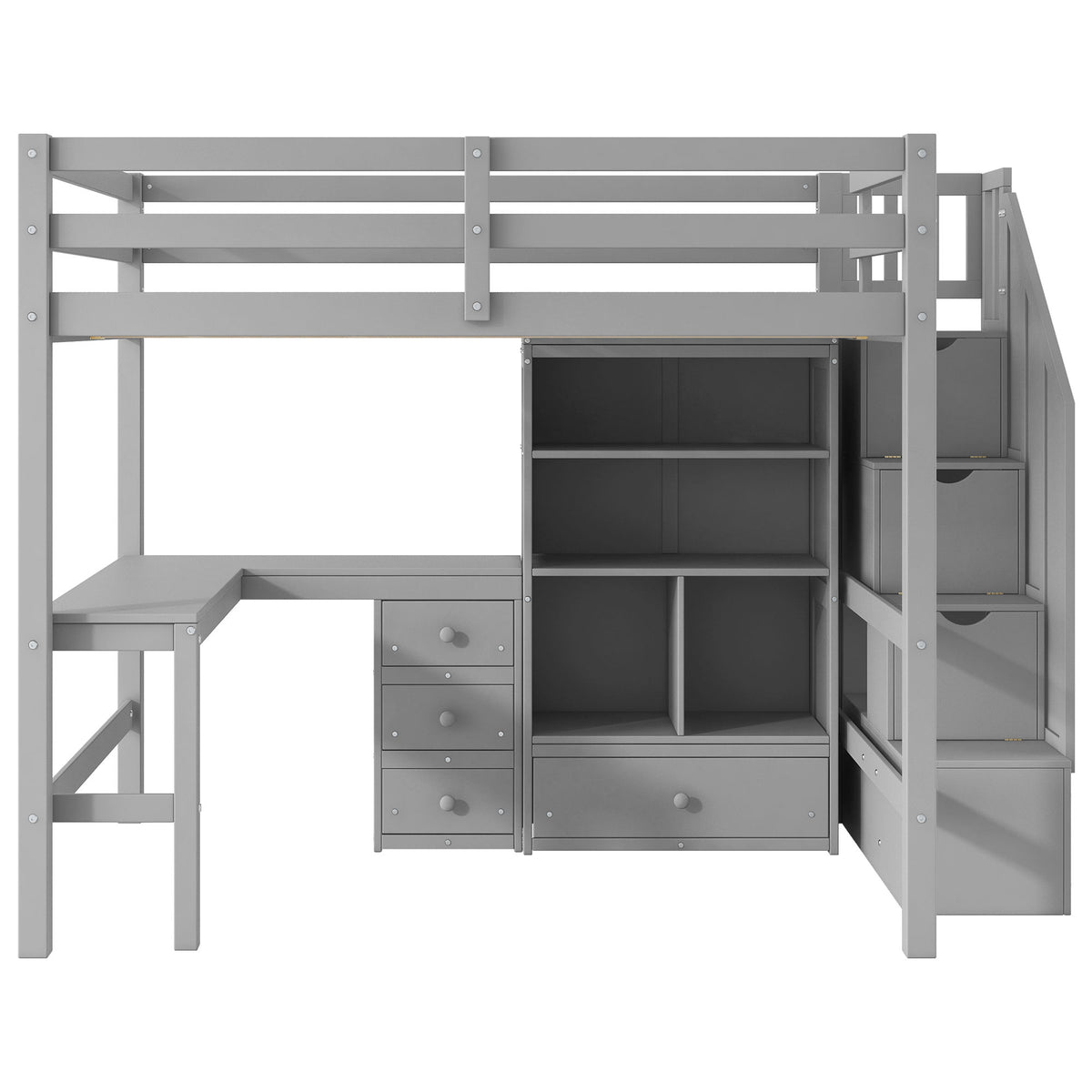Loft Bed & L Shaped Desk, Drawers, Cabinet, And Storage Staircase