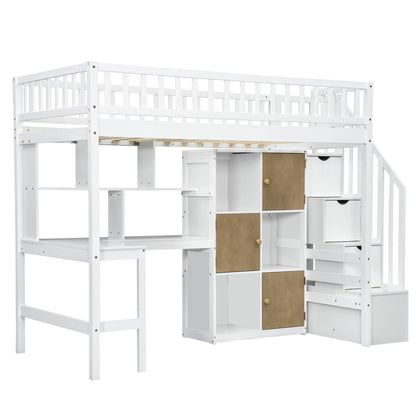 Loft Bed With Built In L Shaped Desk, LED Lights, Storage Shelves, Cabinets, And Staircase