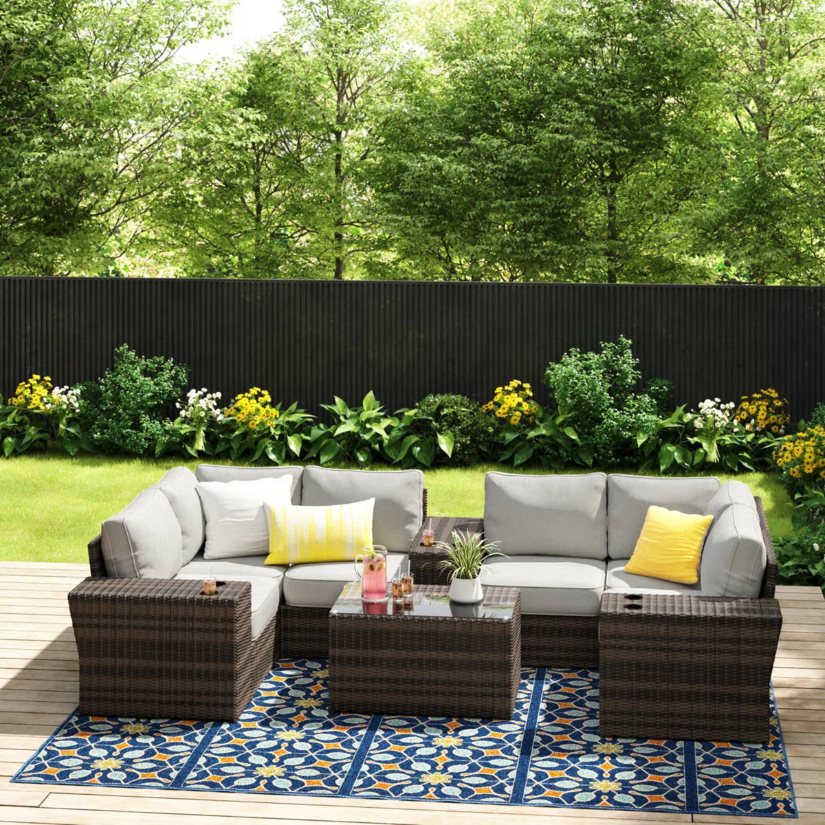 Wicker Outdoor Sectional With Weather Resistant Cushions And Table