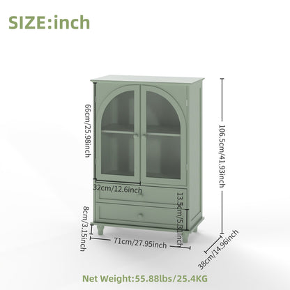 Mint Green Farmhouse Storage Cabinet, Arched Tempered Glass Door Buffet Sideboard With Tiered Top, 2‑Drawer Pantry Cabinet For Kitchen Dining Living Room Entryway Coffee Bar