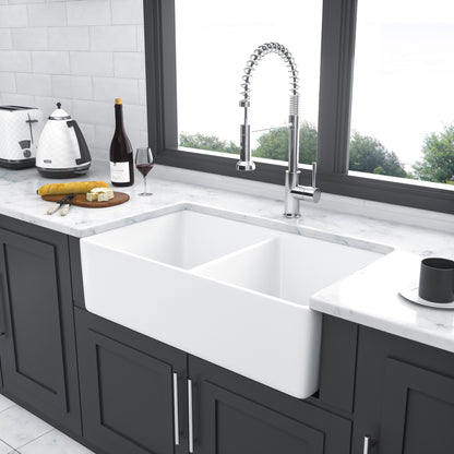 Double Bowl Apron Front Kitchen Sink 32", Sturdy And With Scratch Resistant - White
