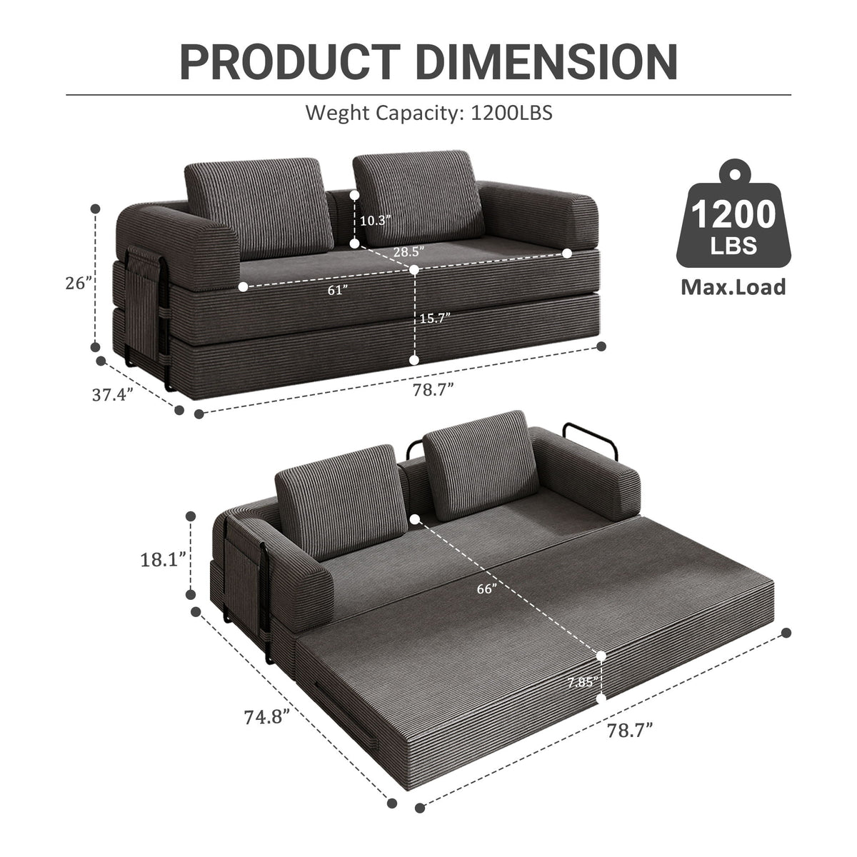 Convertible Sleeper Sofa Bed With Cylindrical Pillow, Fixed Shape Frame