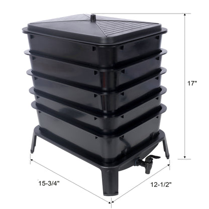 Eco Friendly 5 Layer Worm Compost Bin With 50L Capacity, Easy Setup Plastic Worm Farm Kit - Black