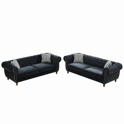 Chesterfield Upholstery Fabric Sofa With Roll Armrest & Nailhead, Mid Century Modern 3 And 3 Seater Couch