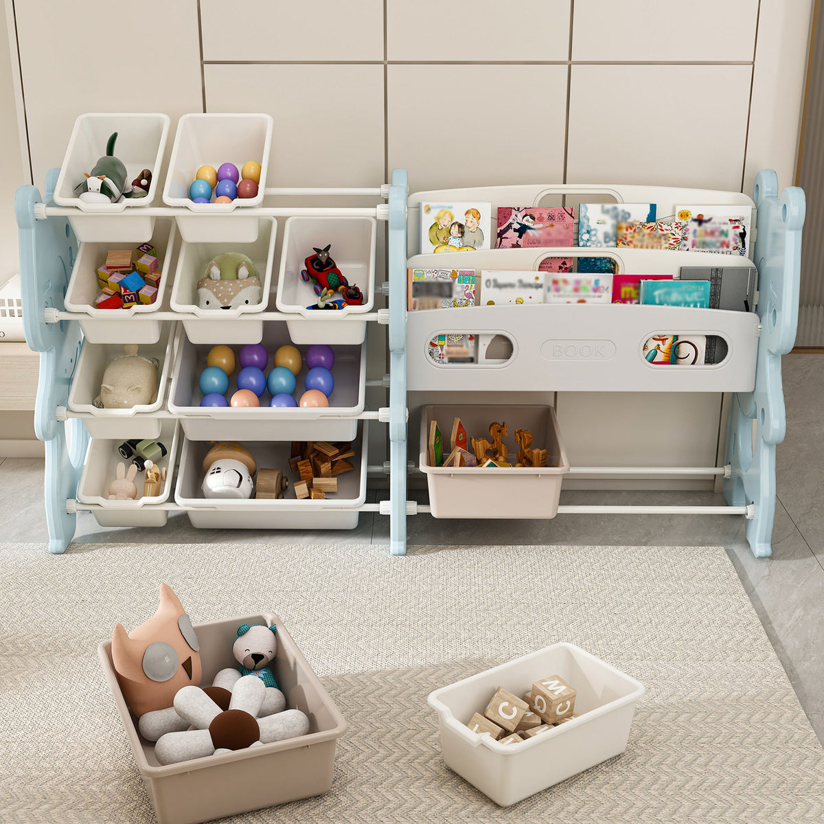Kids Toy Storage Organizer With 2 Tier Bookshelf, Toy Storage With 12 Bins