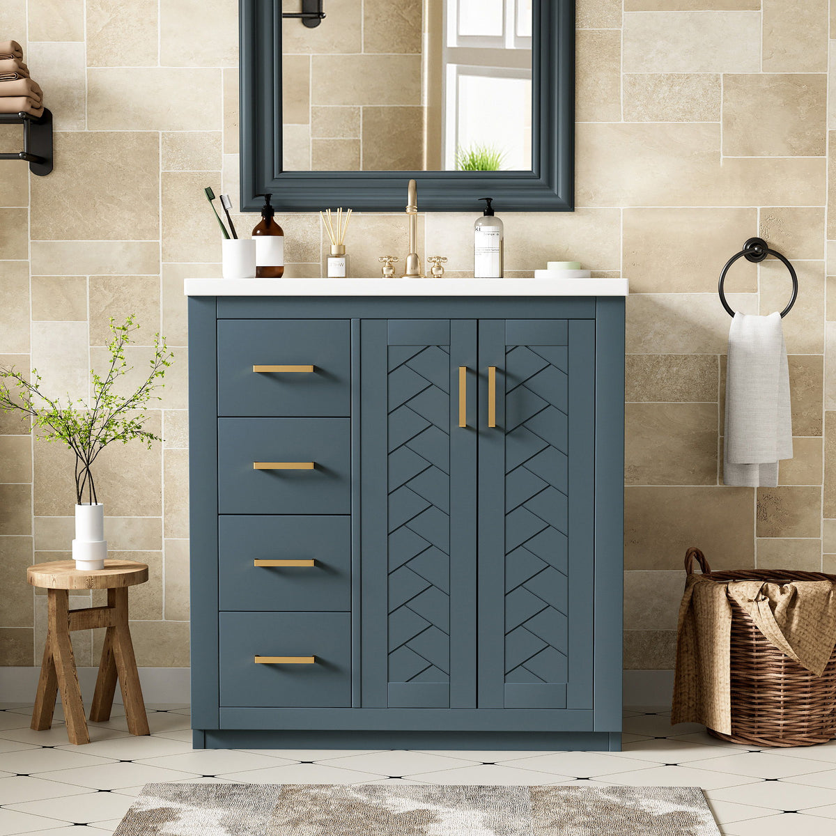 Ceramic Sink Combo, Freestanding Vanity Set With 3 Drawers & Soft Closing Doors