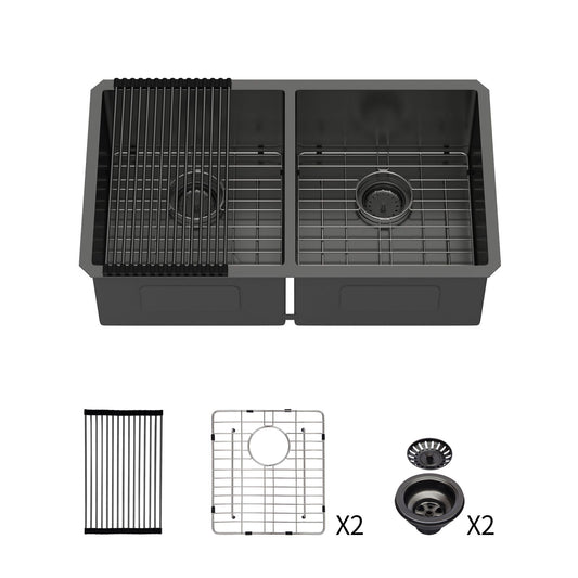 Double Bowl Undermount Kitchen Sink 16 Gauge 33" X 19" With Dual 10" Deep Basins - Gunmetal Black
