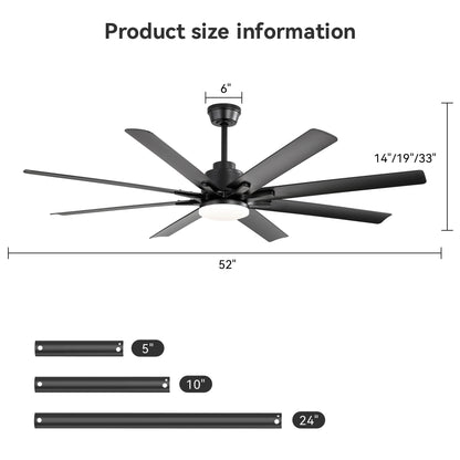 Ceiling Fan With Light 8 Blades, 18W LED 3 Color Dimmable Light, For Living Room & Bedroom - Matte Black