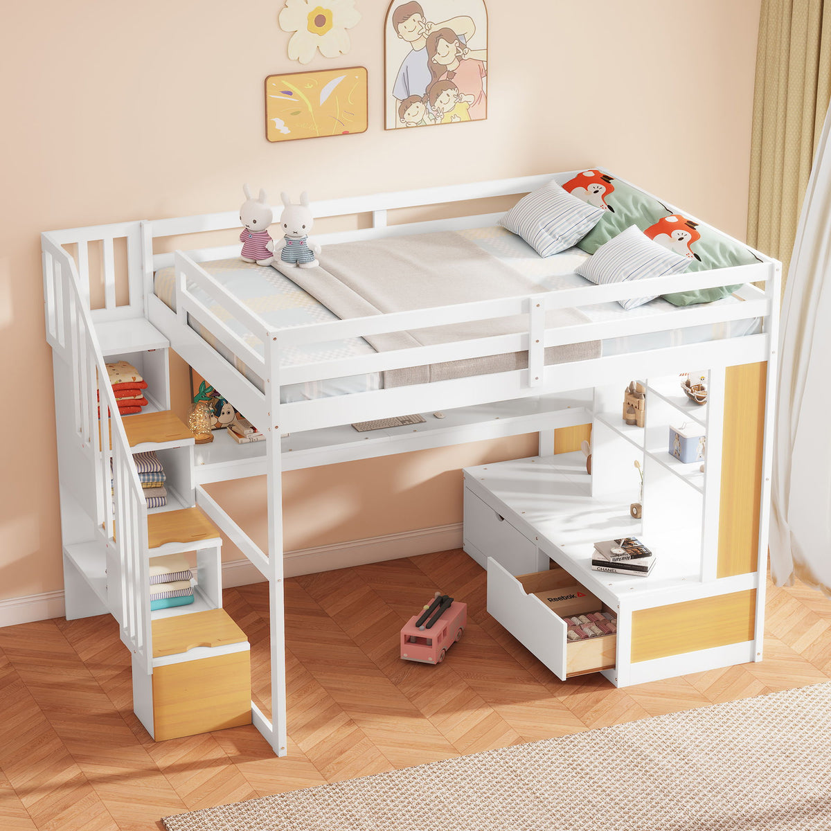 Full Size Loft Bed With Desk And Shelves, 2 Built In Drawers, Storage Staircase - Natural / White