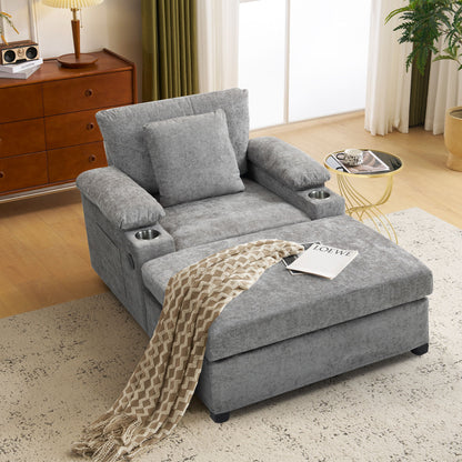 Modern Oversized Chair With Ottoman, Chenille Fabric Sofa Bed, Accent Chair Comfy Sofa With Cupholders And USB Charging Ports Chair For Living Room - Gray