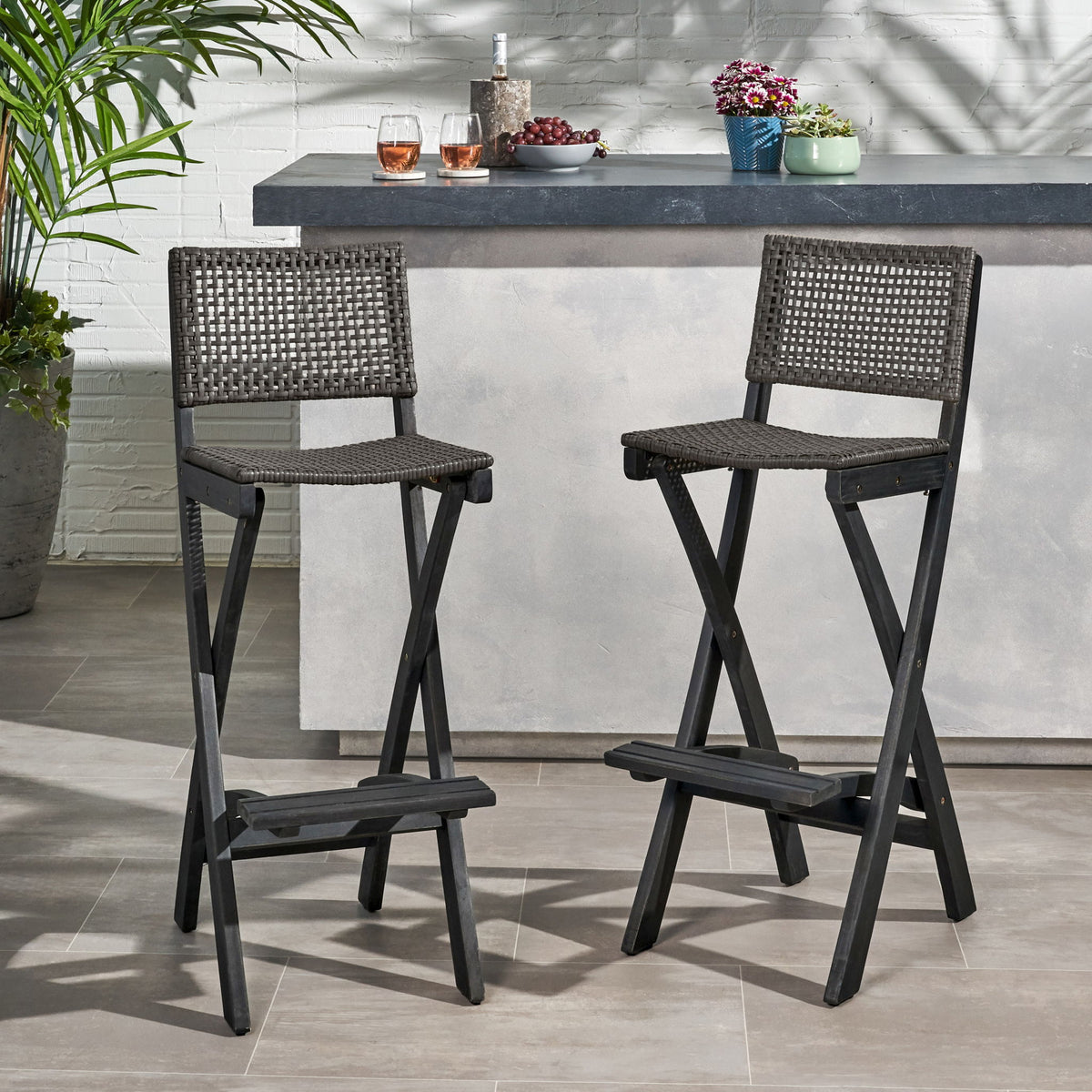 Outdoor Folding Acacia Wood Barstools With Rattan Backrest And Seat