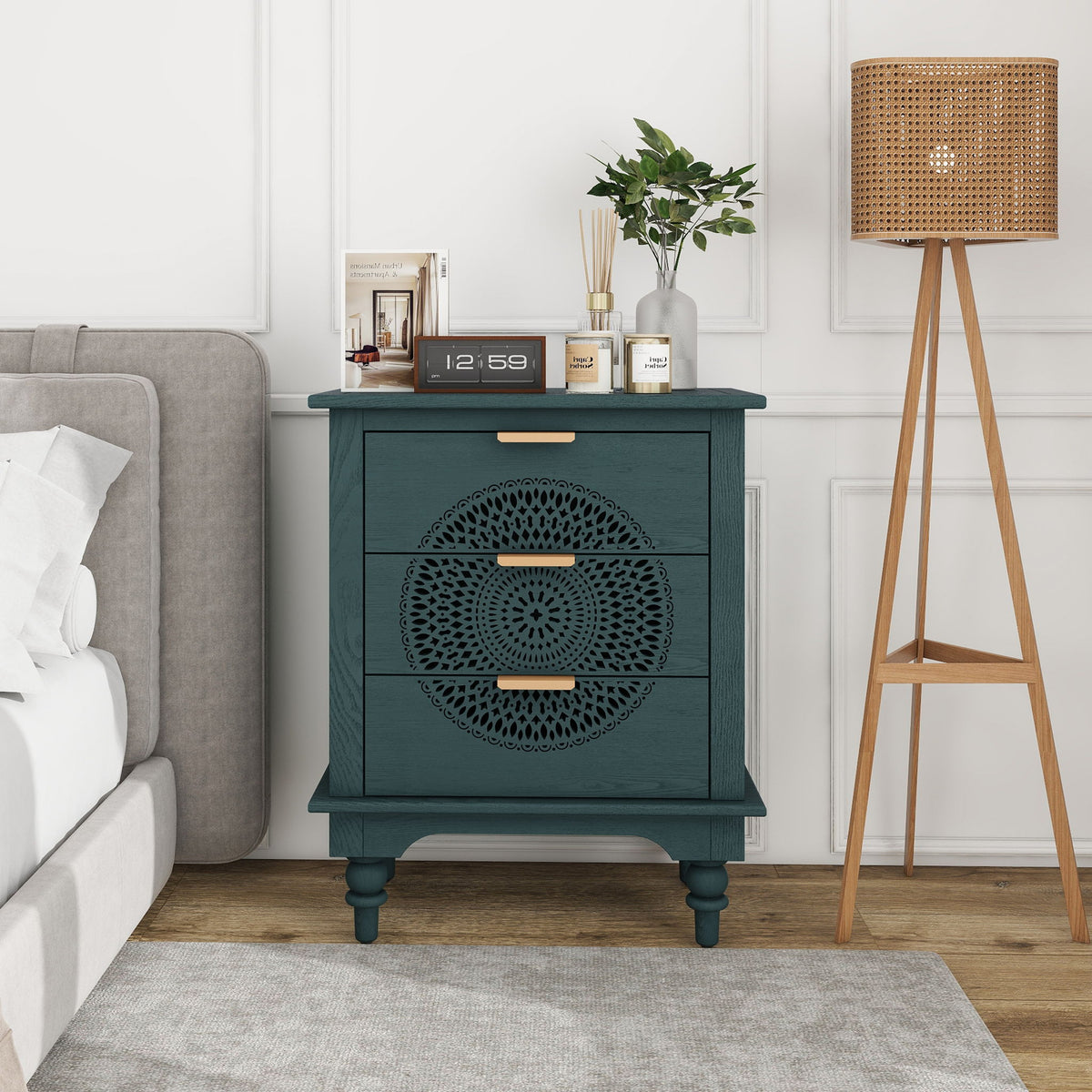 Hollow Carved 3 Drawer Dresser With Metal Handles, Storage Chest For Living Room Or Bedroom - Blackish Green