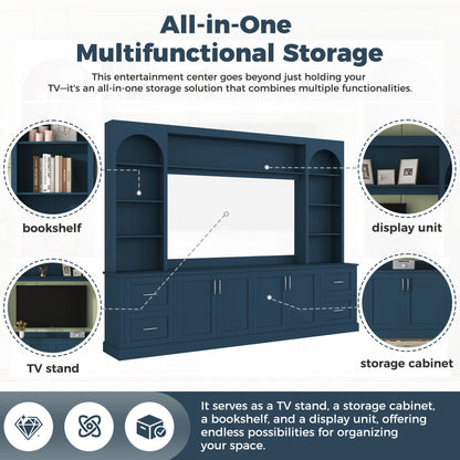 Arched Entertainment Center Wall Unit With Drawers With Adjustable Shelves For Living Room - Blue