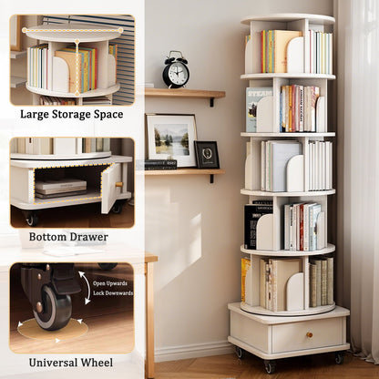 Rotating Bookshelf With Wheels And Drawer, 360° Spinning Design, Space Saving Storage