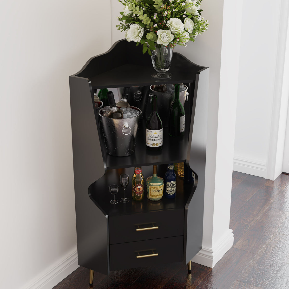 Corner Bar Cabinet With Mirrored Back, 2 Open Shelves & 2 Drawers, High Legs For Easy Cleaning