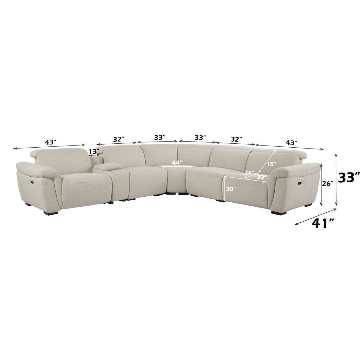 Dayana - Boucle Power Recliner Sectional Sofa For 5 People With Cupholder Console Adjustable Headrest - Beige