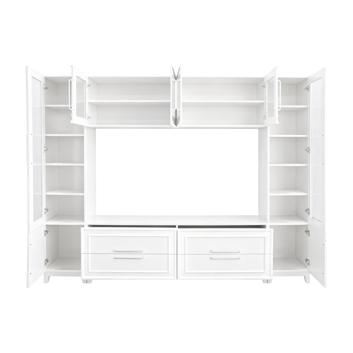 Wall Unit Entertainment Center With Glass Doors For TVs Up To 75" With Drawers For Living Room - White